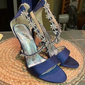 Navy satin heels jeweled crisscross straps 4”